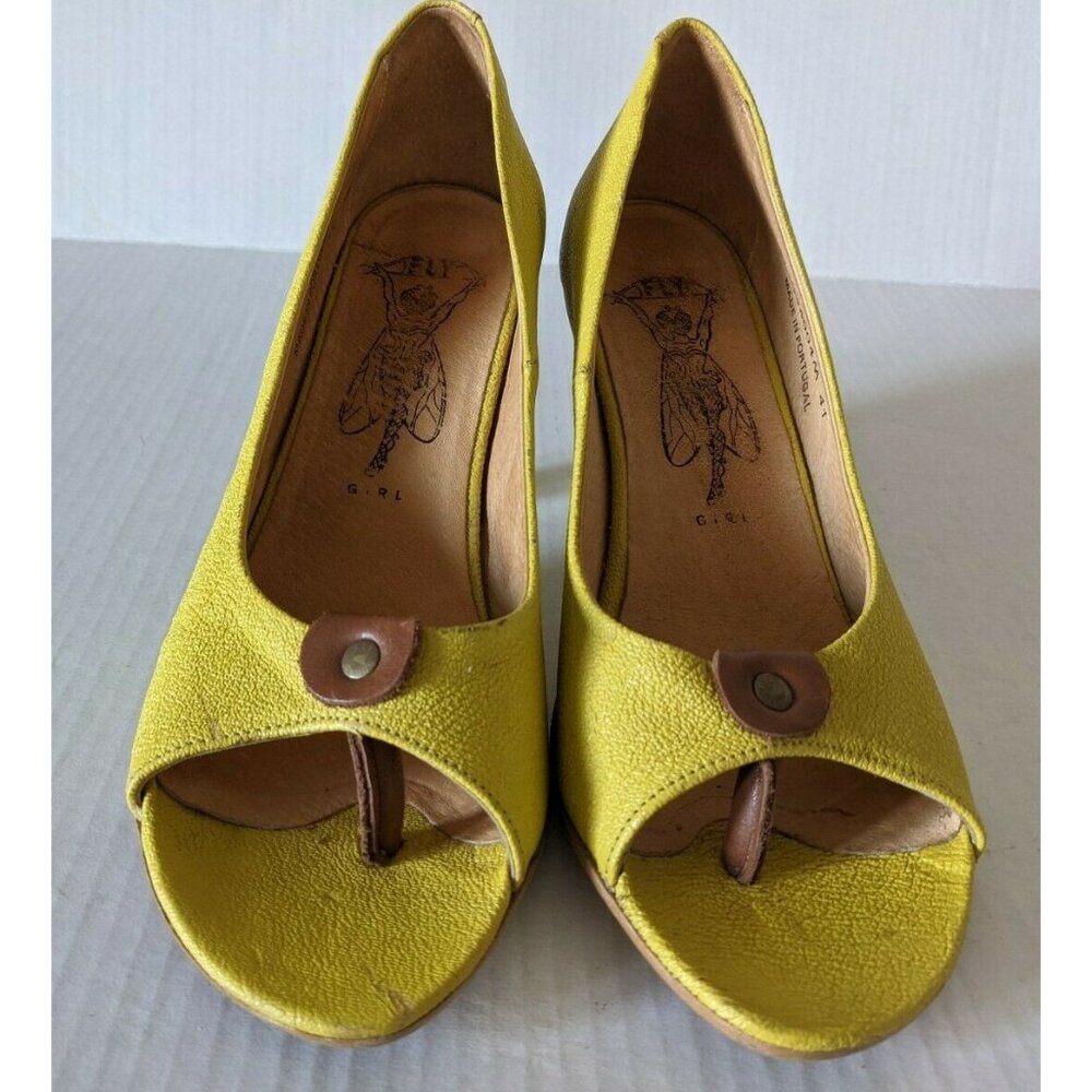 Fly London Yellow Peep-Toe Wedge Heels with Brown Accent